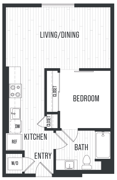 Floor plan UA. One bedroom, one bath at Sixth & Jackson Apartments in Japantown, San Jose.